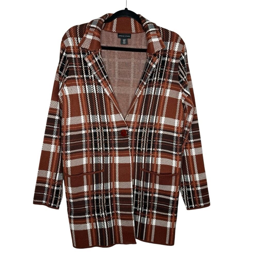 ADRIENNE VITTADINI / orange white black plaid button front sweater jacket / M